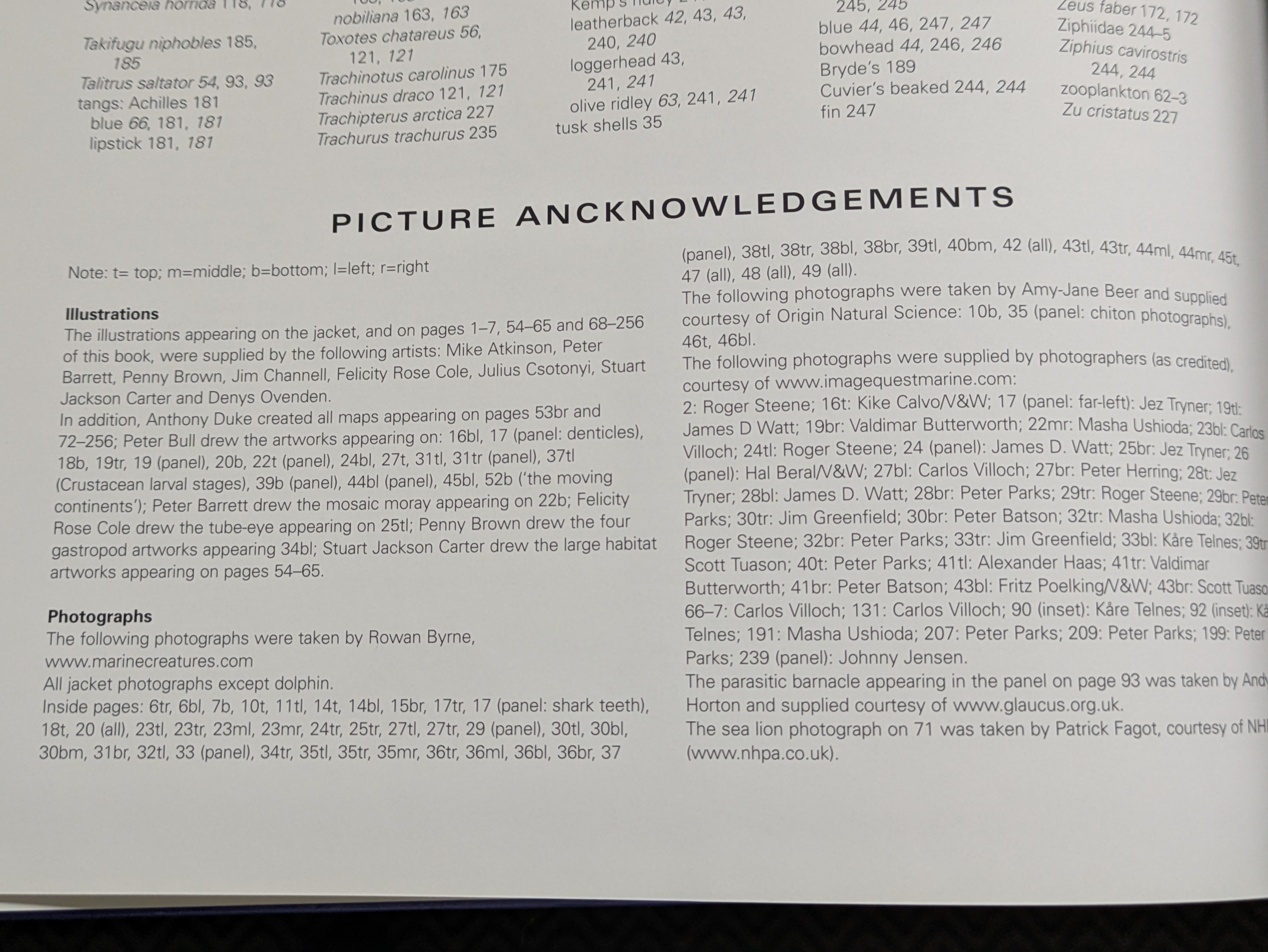 The formal picture acknowledgements page, crediting Rowan Byrne as photographer and citing www.marinecreatures.com as the source for all jacket photographs.