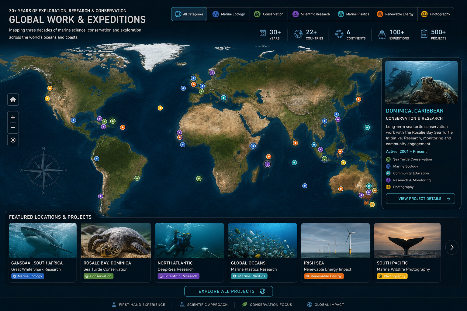 Global map of Rowan Byrne's marine biology fieldwork, research and conservation across 22+ countries