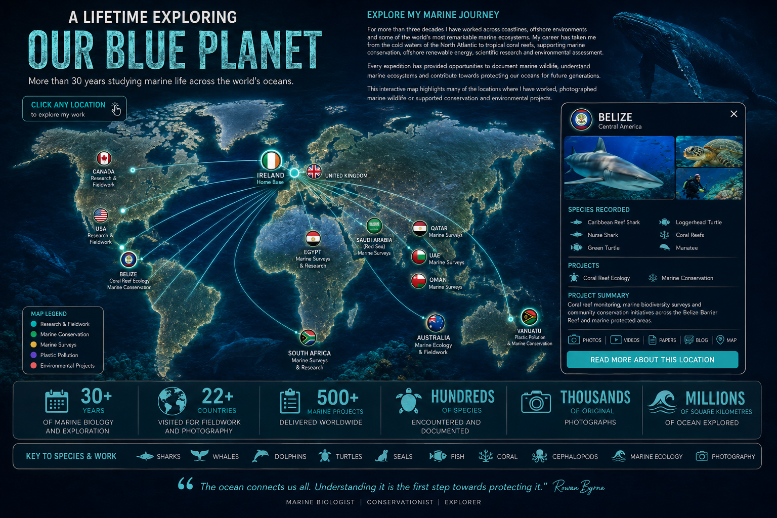 Interactive world map showing Rowan Byrne's global marine research locations