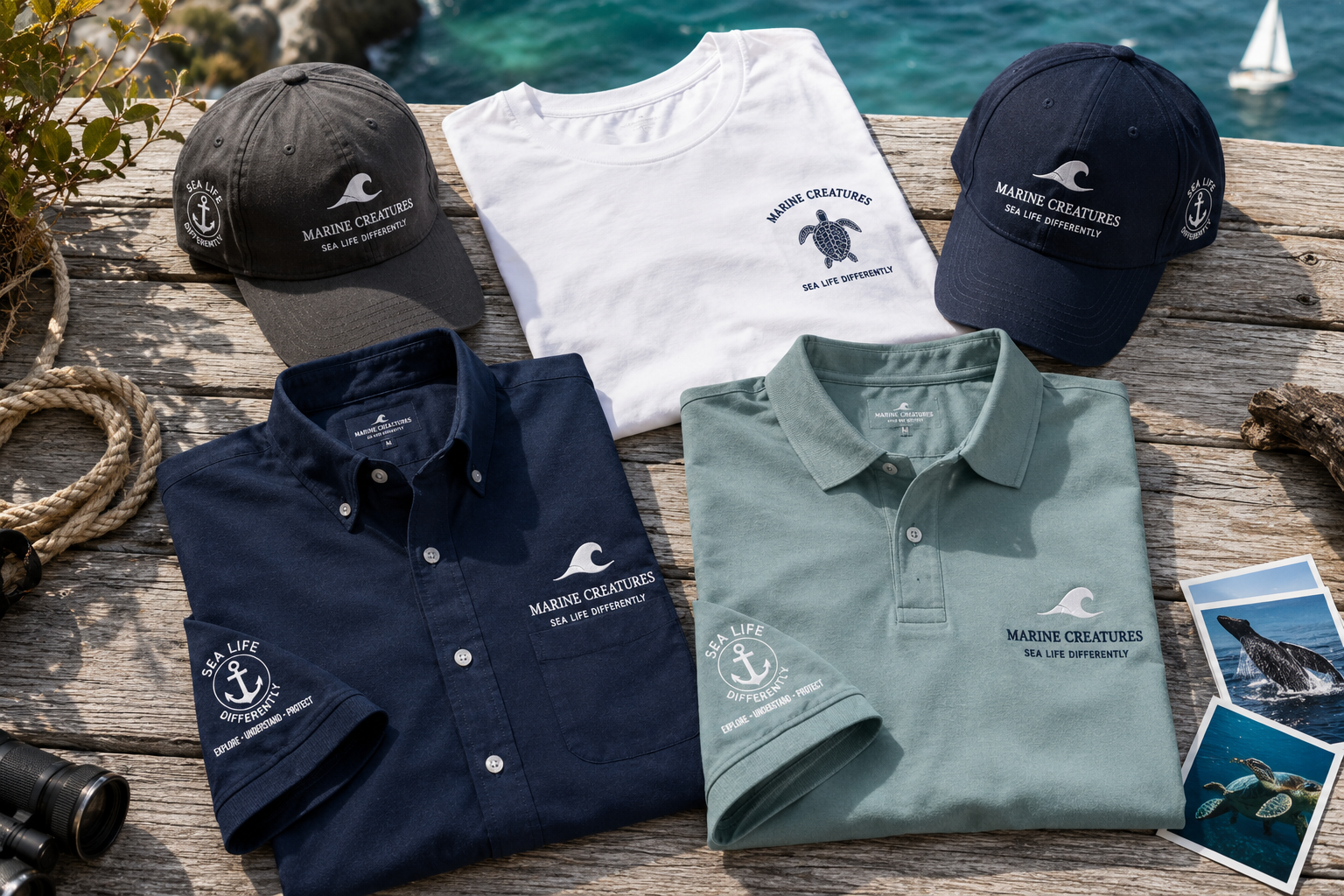 Marine Creatures full clothing range — hats, shirts, polos and tees — Sea Life Differently
