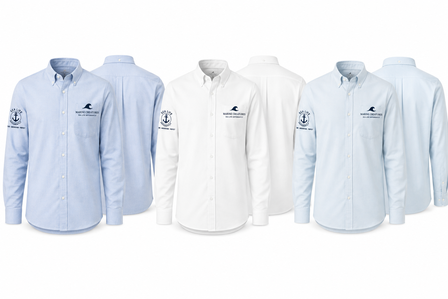 Marine Creatures Oxford shirts — light blue, white and pale blue — Sea Life Differently embroidered branding