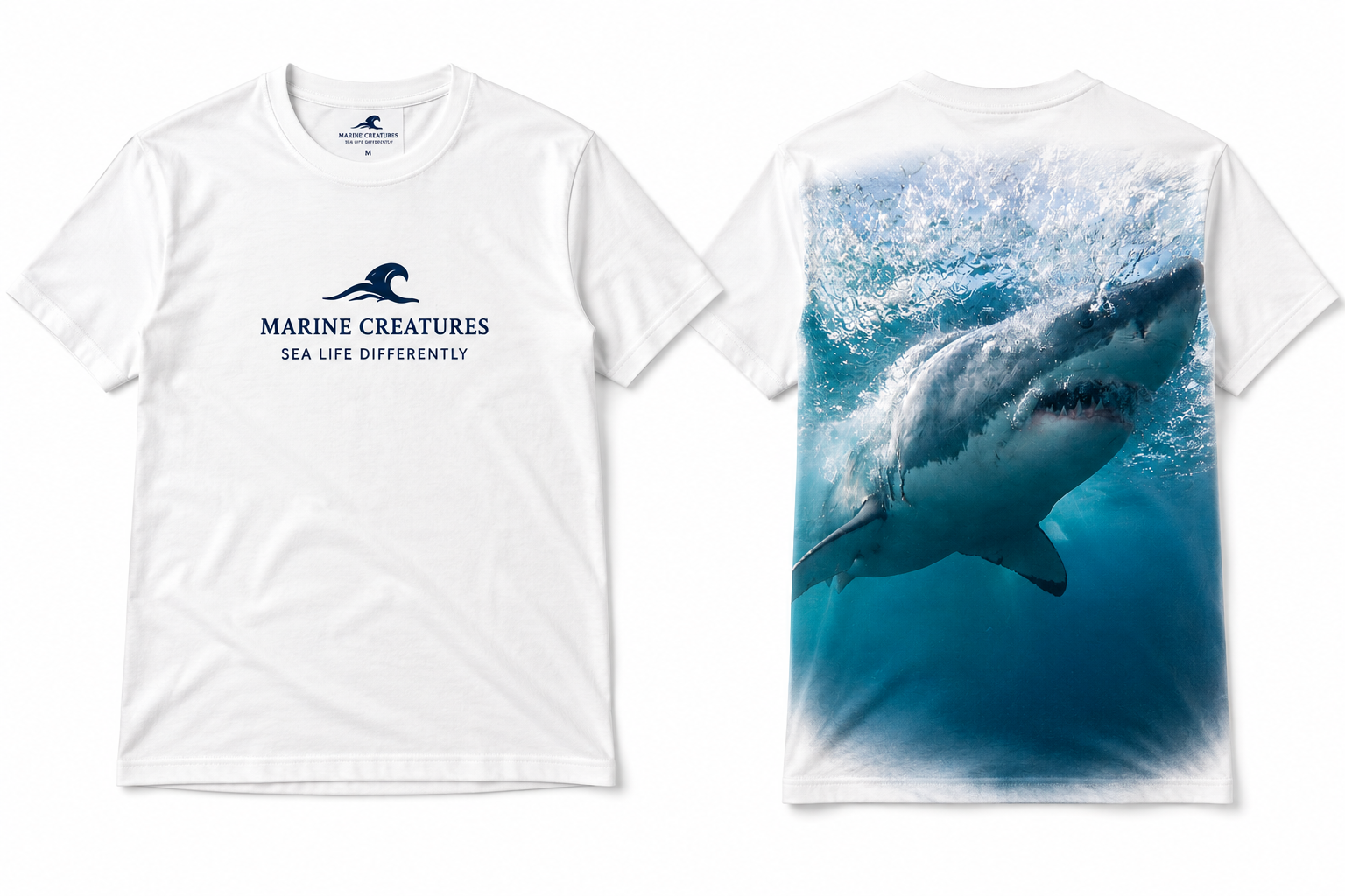 Marine Creatures Great White Shark T-Shirt — flat lay
