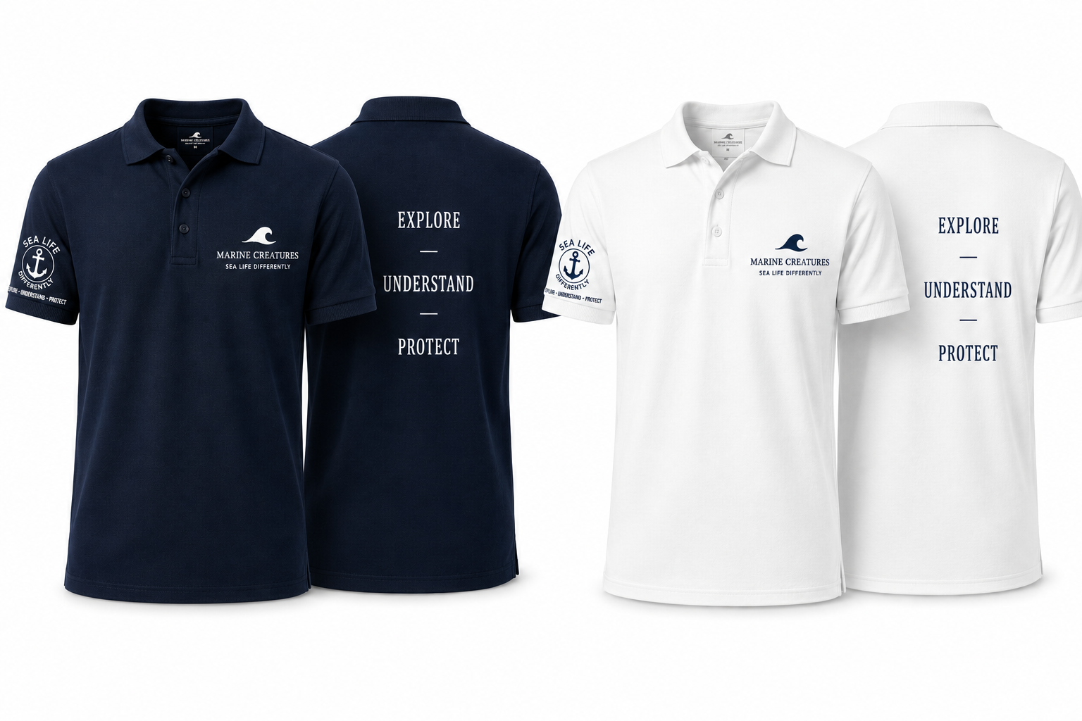 Marine Creatures Sea Life Differently Polo Shirts — white and navy
