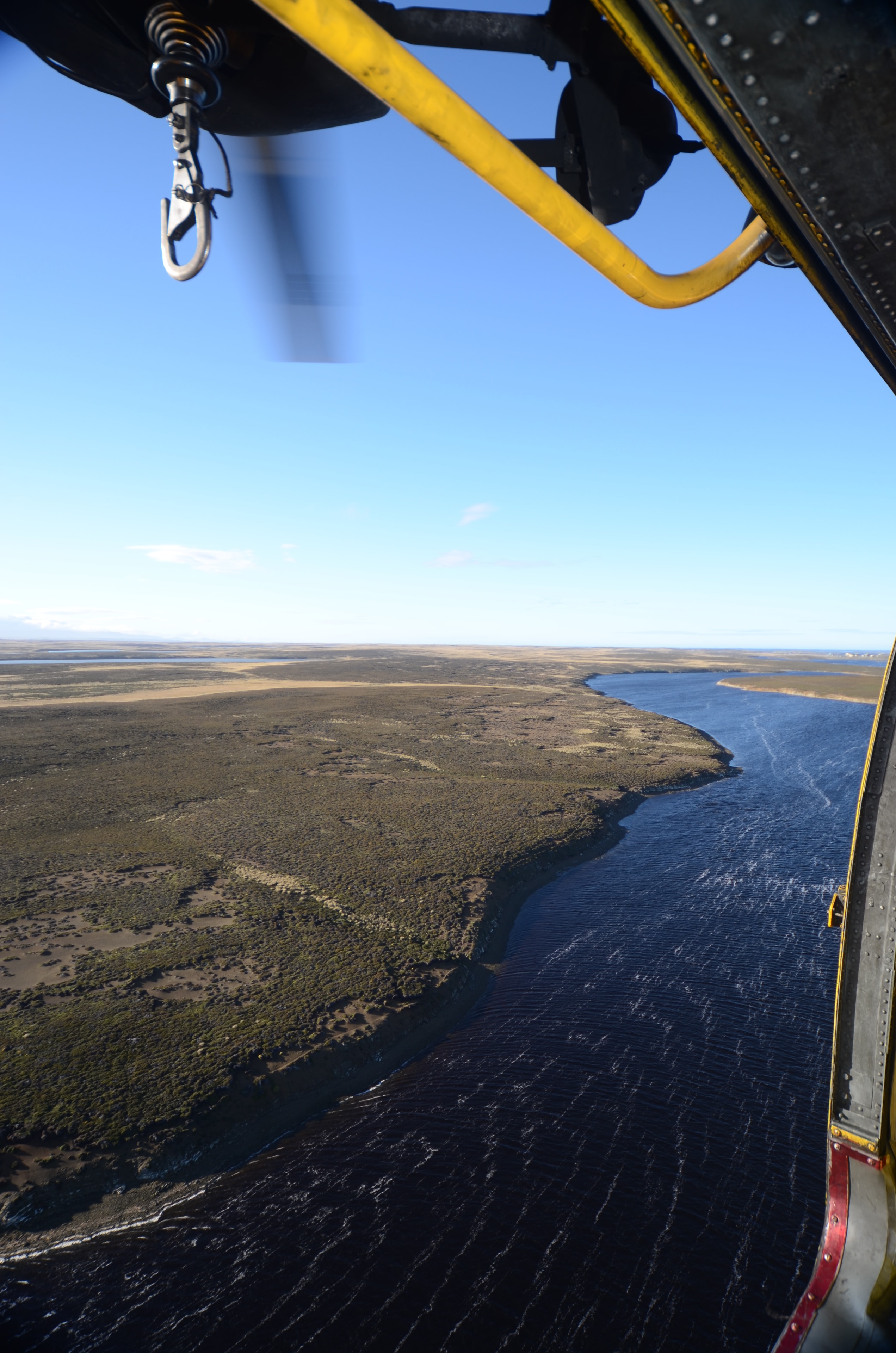 Aerial view of Falkland Islands coastline during a 2008 helicopter survey