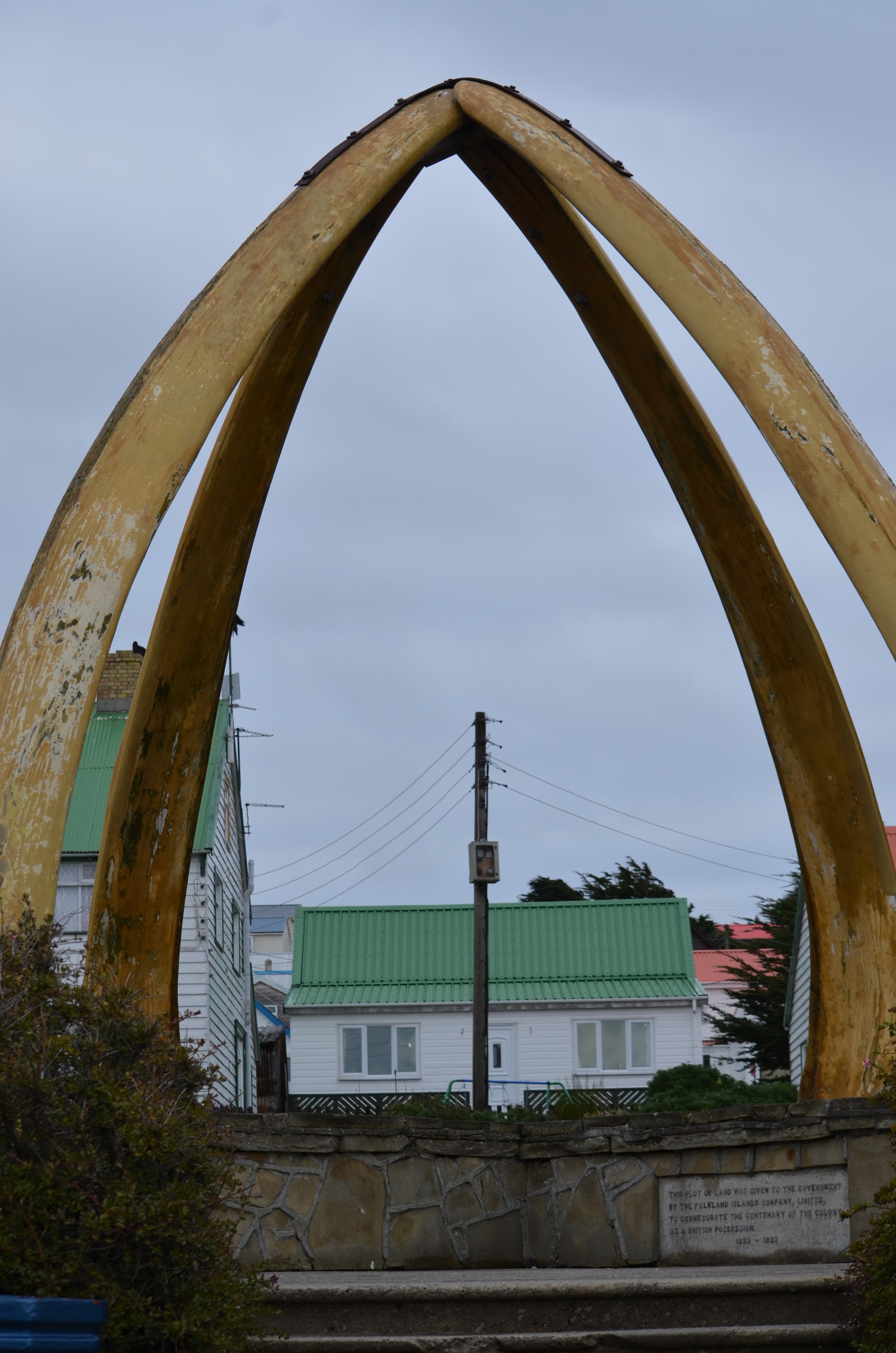 Whalebone display outdoors in Port Stanley, Falkland Islands